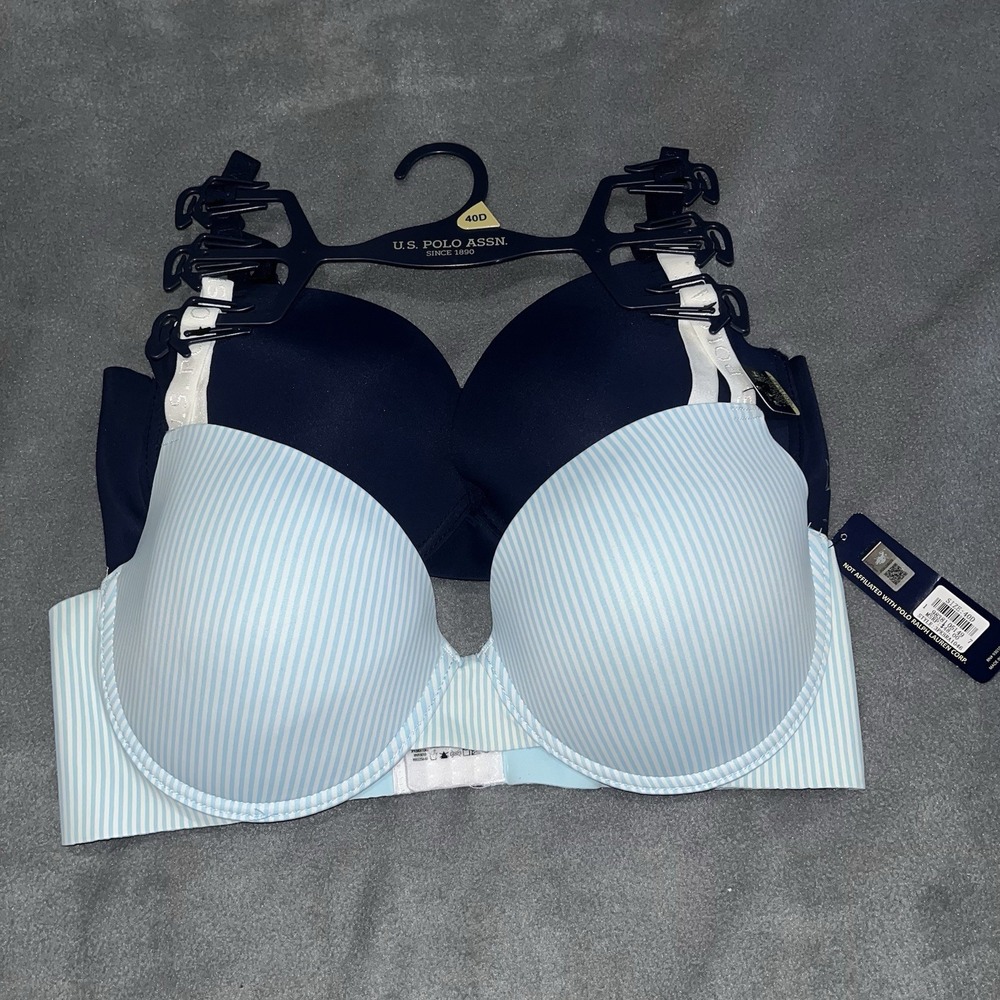 NWT U.S. Polo Assn Fill Figure Gentle Lift Tag Free Bra 40D 2 Pack‎ Lt Blue/Navy
